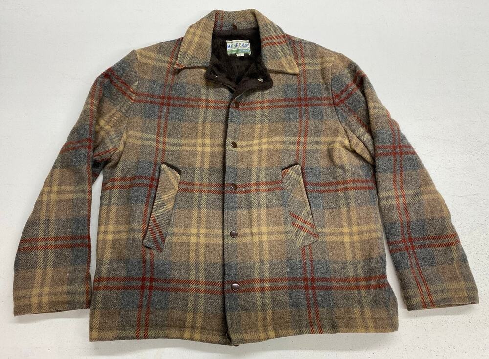 VTG Maine Guide Congress wool tweed plaid fleece lined button shirt jacket L